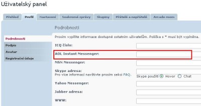 Nastavení identifikace "AOL Instant Messenger"