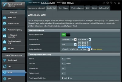 Volba duálního připojení, výběr WAN/LAN