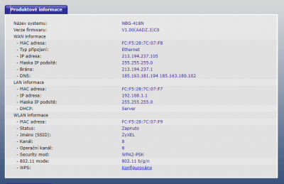 Základní info na routeru