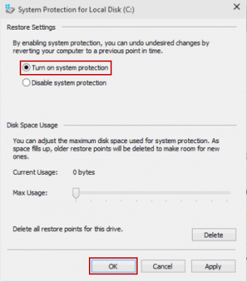 Ochrana systému pro místní disk C: (Windows 10)